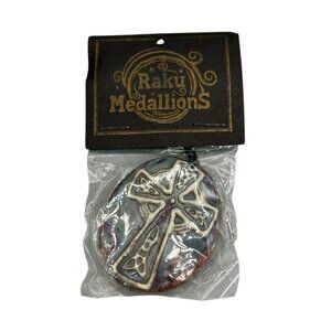 Raku Medallions Cross Pendant Handmade Ceramic Mexico NWT